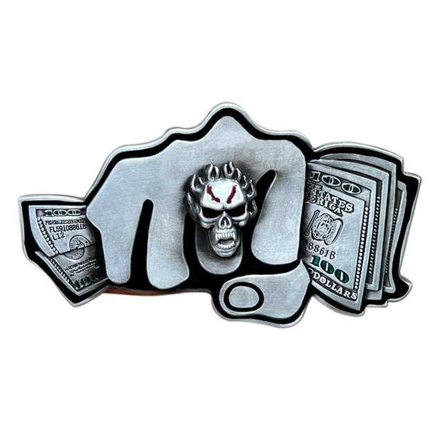 Hebilla de cinturón con forma de calavera, puño y dinero para hombre, aleación, 61 g, 11,5 x 6,3 cm