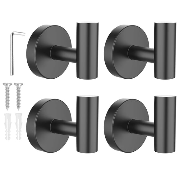 Towel Hooks For Bathrooms 4 Packs Screw-in Matte Black Bathroom Towel Hook Wall Mounted Stainless Steel Shower Towel Hooks For Coat Hanging, Drill Hole