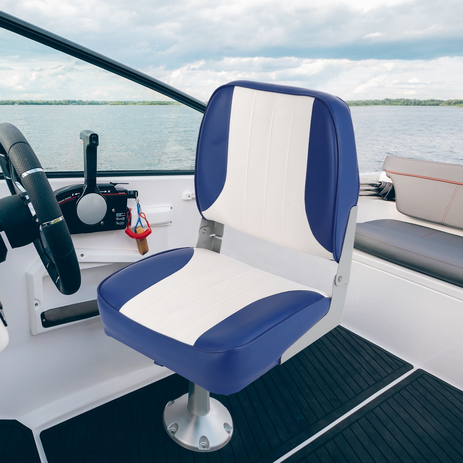 Kicctian 2 Pack High Back Folding Boat Seats with Thick Sponge Padding, Hinge & Fold-Down Design for Speedboat, Canoe or Sightseeing Boats,Blue+White