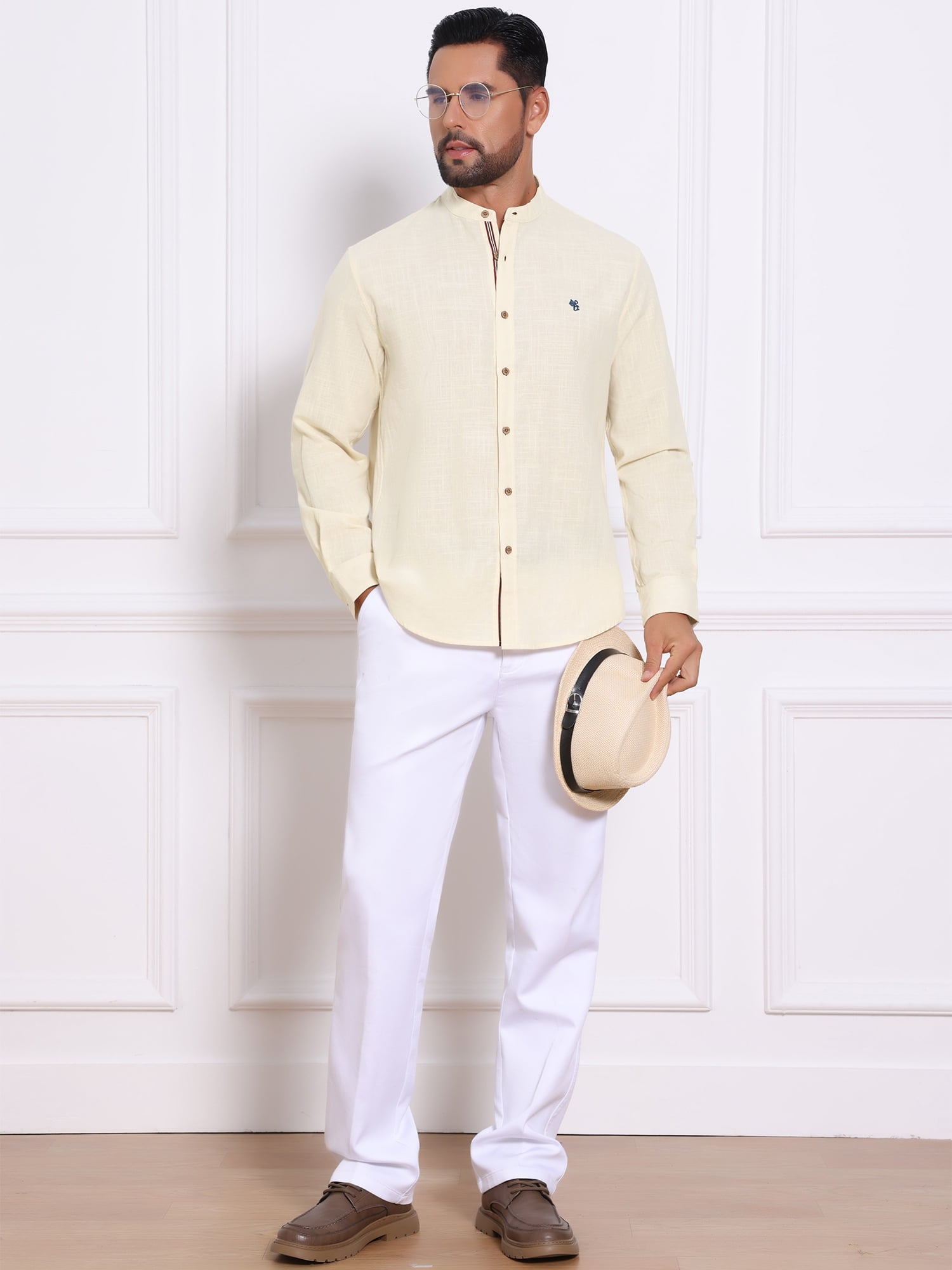 DARING DIVA Men's Stand Collar Long Sleeves Button Down Linen Shirts S Khaki