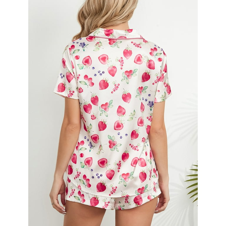 Shunvnny 2 Piece Women s Pajama Sets Lounge Sleepwear Ladies Pjs Sets Strawberry Print Short Sleeves Tops and Elastic Shorts