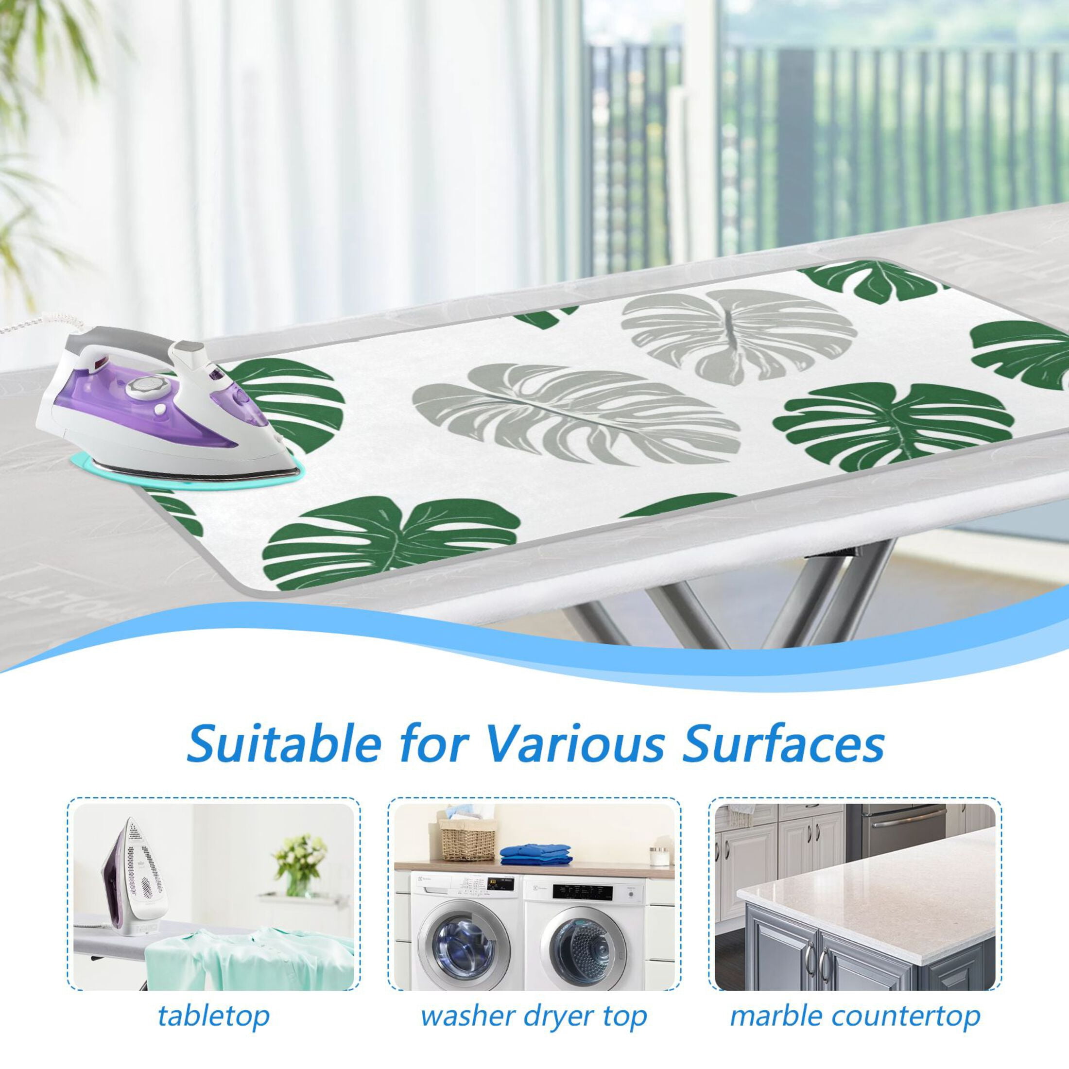Green Gray Monstera Leaves Ironing Mat Blanket Portable Travel Ironing Pad Heat Resistant Pad 47.2" x 27.6”