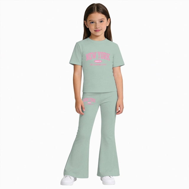 Gubotare Tween Girl Outfits Spring Girls 2 Piece Outfits Short Sleeve Ruched Drawstring Crewneck Tops and Wide Leg Pants with Pockets Clothing Sets Size 11-12 (Light Green,11-12 Years)
