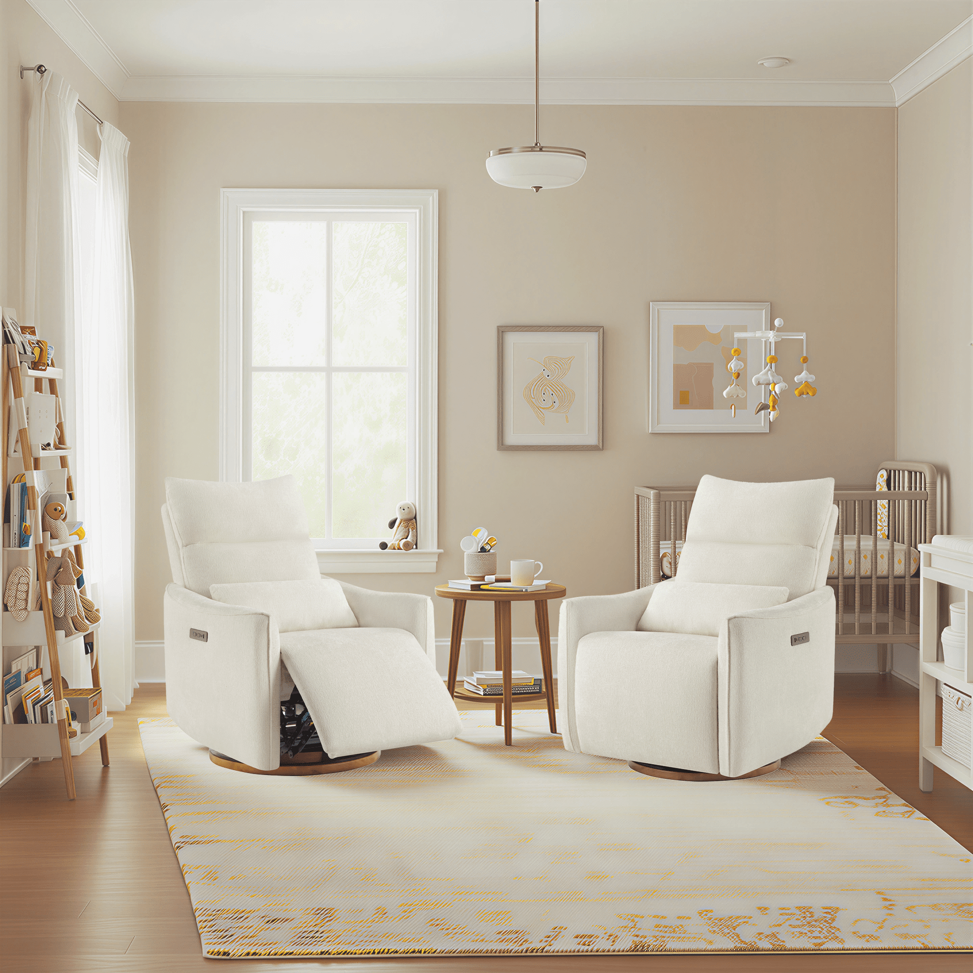 Spruce & Spring Dual-Motor Power Swivel Recliner with Lumbar Pillow for Nursery & Living Room, Cream