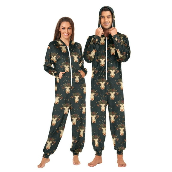 joogoo Christmas Cow and Holly Unisex Adults Onesies Pajamas Jumpsuits L