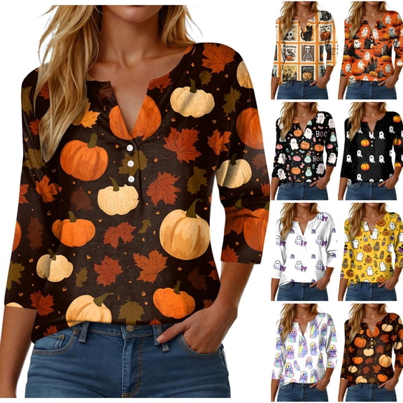 zaveiop Women Halloween Sales 3/4 Sleeve Tops Fall Blouse V Neck Maple Leaf Pumpkin Print Casual Loose Fit T Shirts Fashion Outfits (Yellow, XXL)