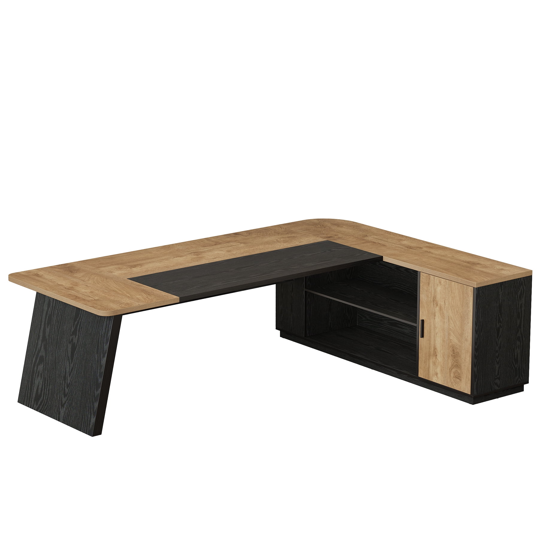 Finmind Executive Desk with Cabinet, 79-inch L-Shaped Computer Desk with Storage Shelves for Home Office, Natural Brown and Black