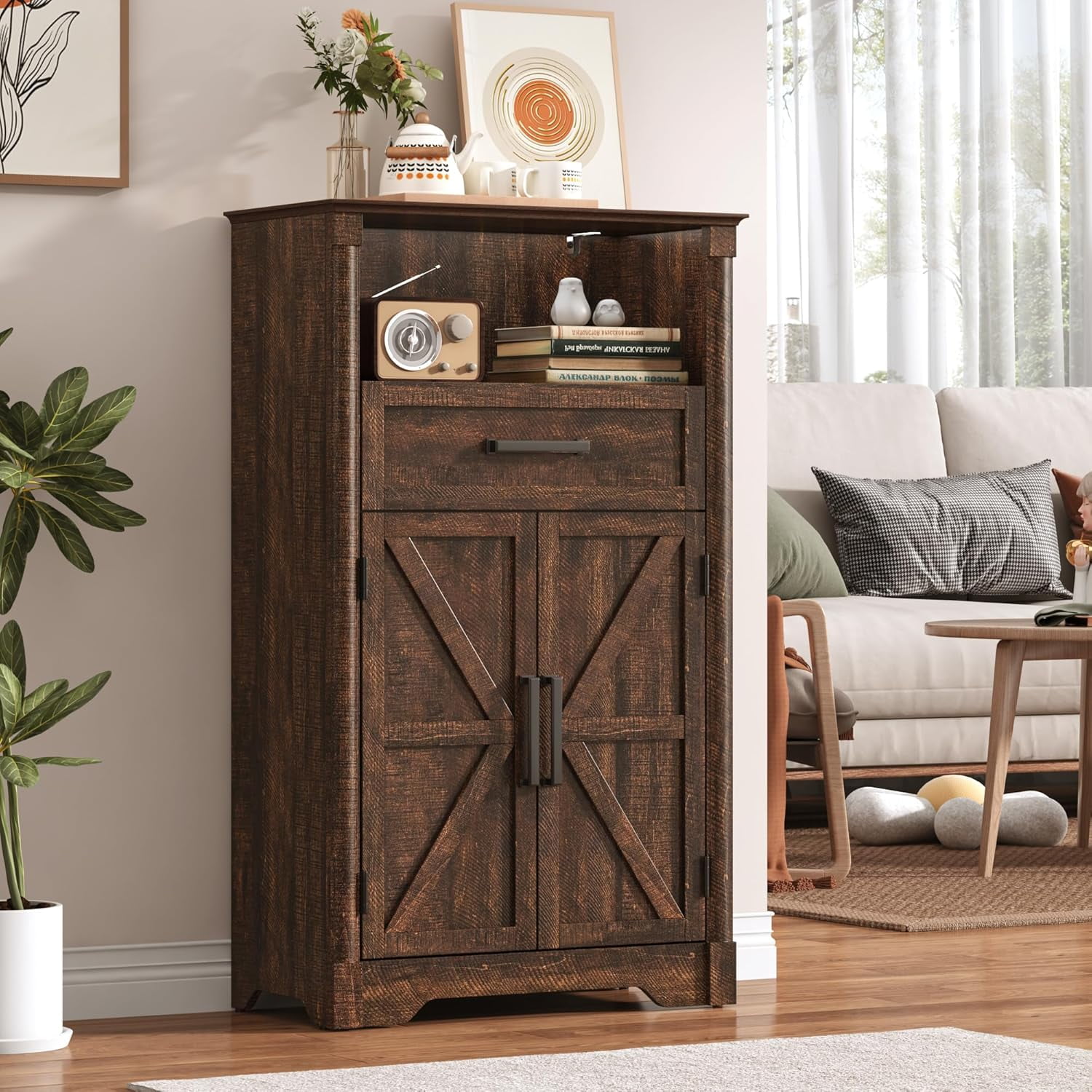 Farmhouse Floor Storage Cabinet with Drawers & 2 Barn Doors, Wood Bathroom Storage Cabinet with Roman Column Decor, Farmhouse Storage Cabinets with Adjustable Shelf & Door Cabinets, Rustic Brown