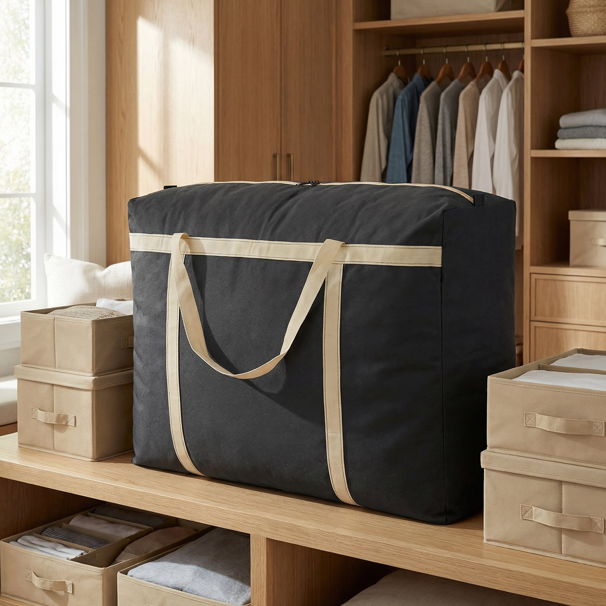 Unique Bargains Foldable Storage Bags for Organizing Clothing Black 30.7"x9.8"x21.7"