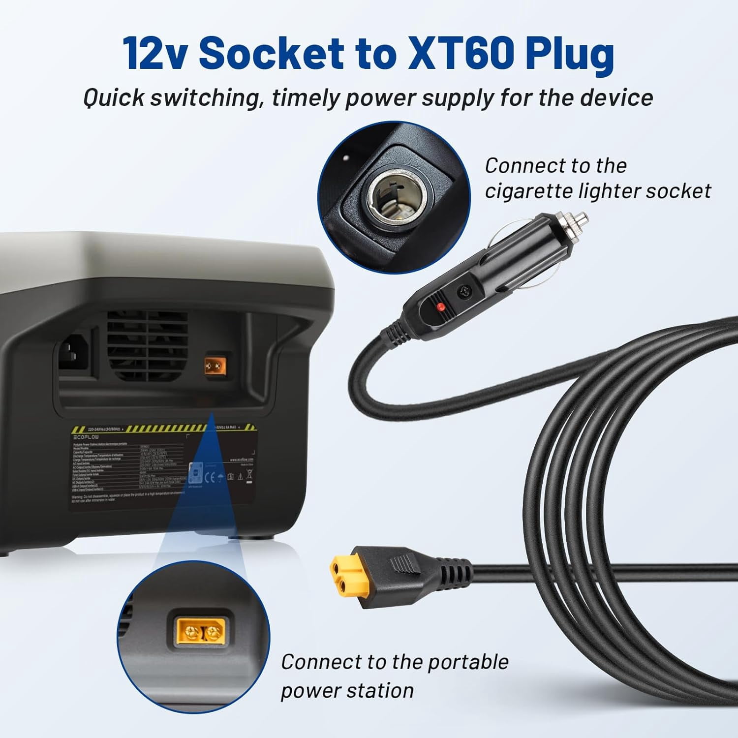 12V XT60 Car Charging Cable Cigarette Lighter for Bluetti EB55 Charger Adapter Compatible with Anker 757/767 Ecoflow Delta/River Series Portable Power Station