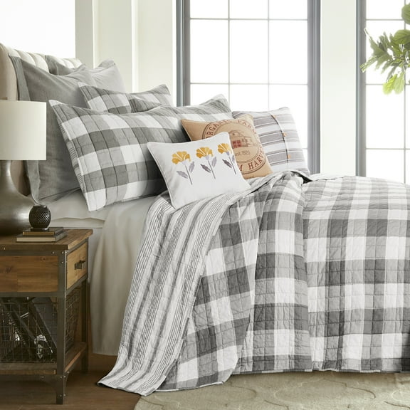 Levtex Home - Camden Bedspread Set - King Bedspread   Two King Pillow Shams - Buffalo Check in Grey and Cream - Bedpsread Size (120 x 118 in.) and Pillow Sham Size (36 x 20 in. )