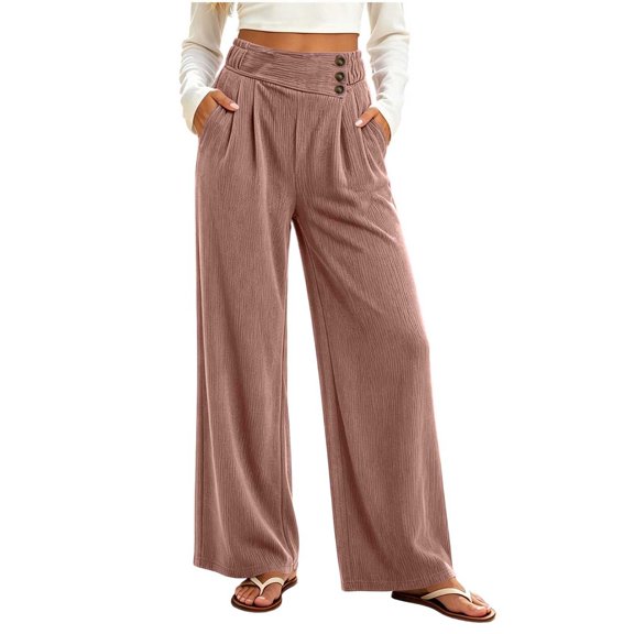 Sevevn Women's Soft Thick Vertical Rib Wide Leg Casual Pants High Waist Pleated Design With Side Pockets Fall Daily Wear Pants