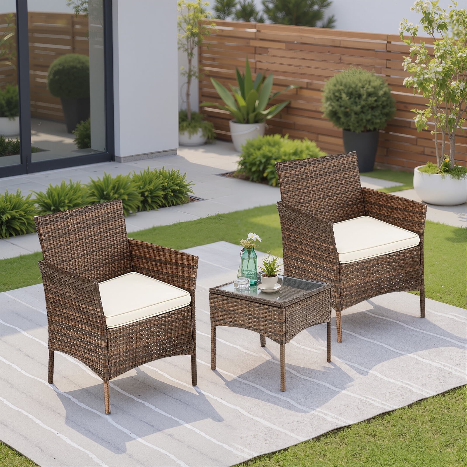 Simenmax Patio Furniture Set 3 Pieces, Outdoor Wicker Furniture with Coffee Table, Modern Rattan Patio Chairs Conversation Sets with Sofa for Garden, Terrace, Porch, Balconies, Lawns, Brown