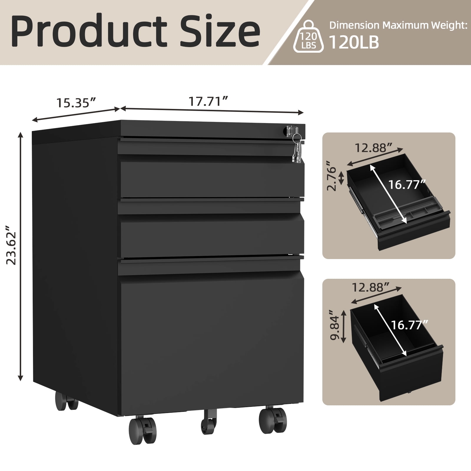 Marcree 3 Drawer File Cabinet with Lock, Black Mobile File Cabinets for Home Office,Under Desk Small Filing Cabinet, Rolling File Cabinets for A4/Letter/Legal, Fully assembled
