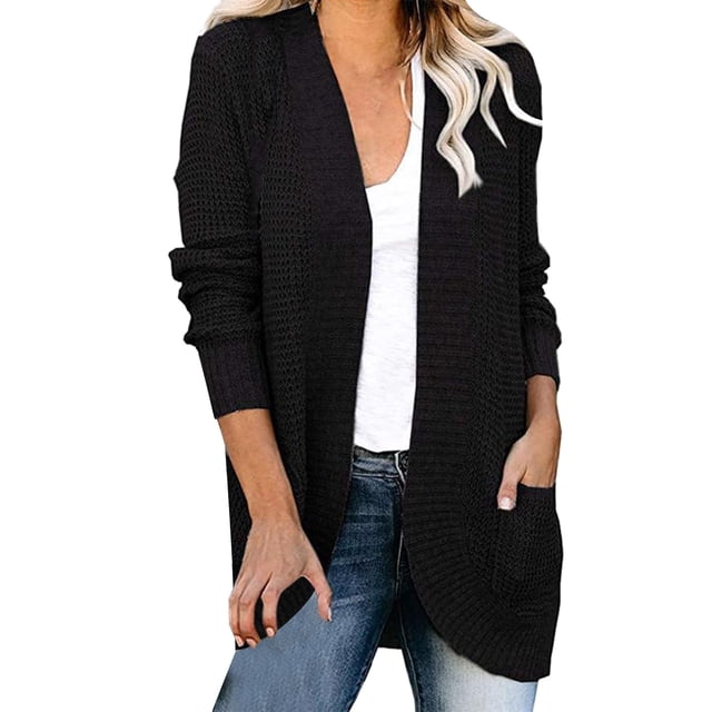Fall Jackets Coats Cardigan Sweaters for Women, Solid Color Curved Placket Large Pocket Sweater Cardigan Jacket Black