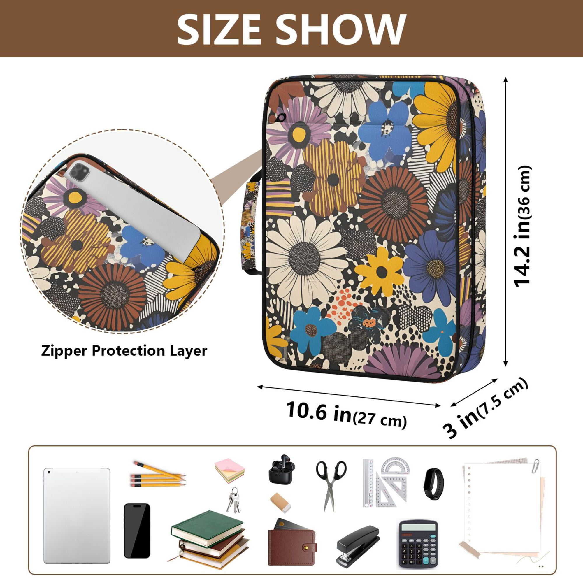 FORMRS Accordion File Folder A4 Size 7-Pocket Expanding Document Organizer Bag with 3 Ring Binder, Beige Flowers