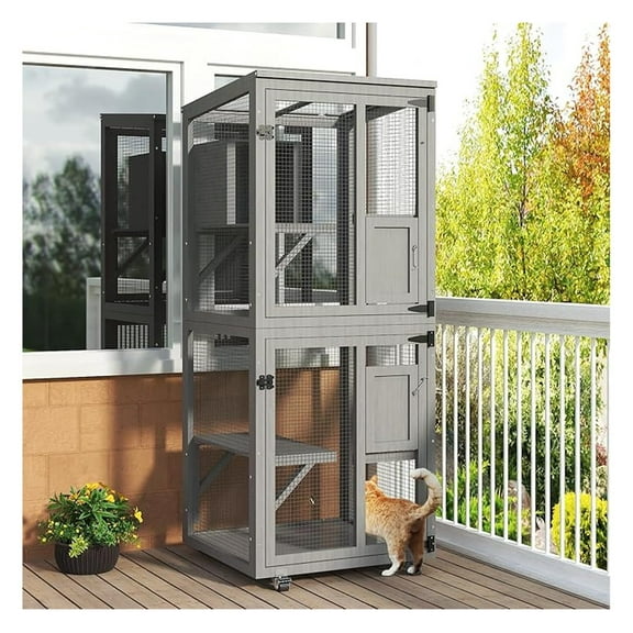 Cat Catio Outdoor Enclosure, 4 Tiers Indoor Catio with Wheels, Resting Box, Sunshine Panel Waterproof Roof, Indoor Cats Cage with Removable Wood Bottom and Easy Clean PVC Layer