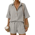 thumbnail image 5 of Women's Cotton Linen Solid Two Piece Outfit Casual Stylish Short Sleeve Shirt With Elastic Waist Shorts Breathable Lightweight Comfortable Summer Daily Wear Light Gray XXL, 5 of 7