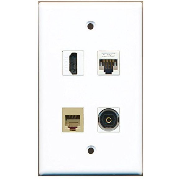 RiteAV - 1 Port HDMI 1 Port Phone RJ11 RJ12 Beige 1 Port Toslink 1 Port Cat5e Ethernet White Wall Plate