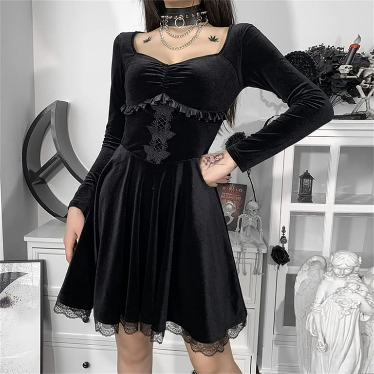  Sexy Gothic Clothes for Women Off The Shoulder Short Sleeve  High Low Cocktail Skater Dress Halloween Costumes Black : Sports & Outdoors