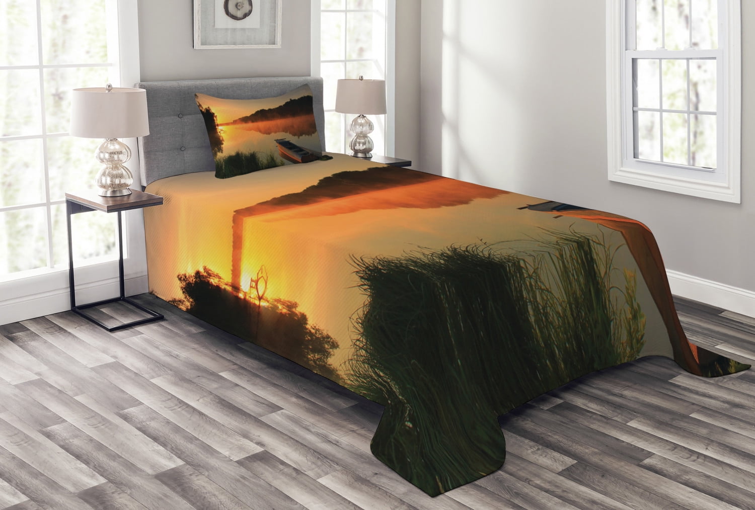 Lake Bedspread Set, Boat on the Shore of a Misty Lake on a Summer