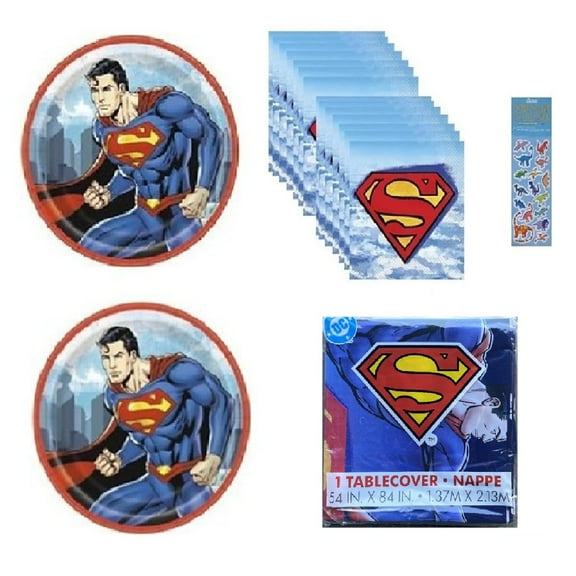 Super Hero Superman Birthday Party Supplies Decoration Bundle Pack includes 16 Small Dessert Plates 7", 16 Napkins, 1 Tablecover, 1 Dinosaur Sticker Sheet