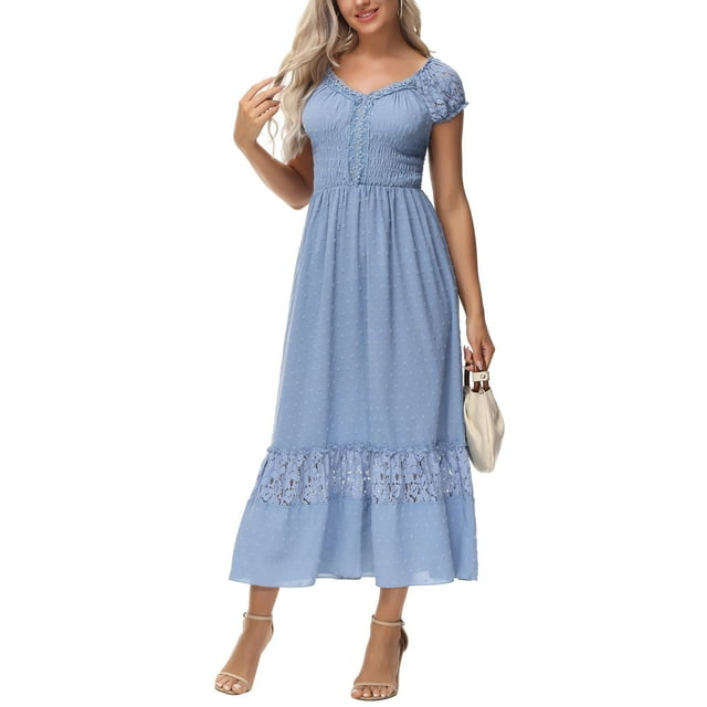 Women Renaissance Peasant Maiden Boho Inspired Cap Sleeve Lace Trim Maxi Dress, Sky Blue, XX-Large