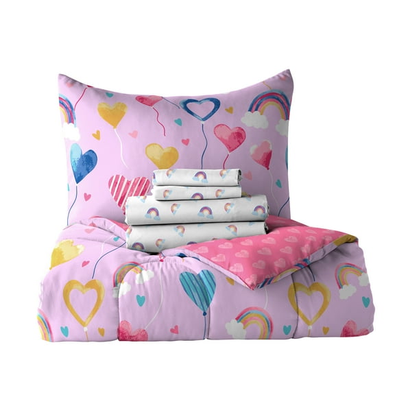 Dream Factory Balloon Hearts Twin Bed-in-a-Bag, Lilac, Microfiber, Polyester Fill, Female, Age Group 3