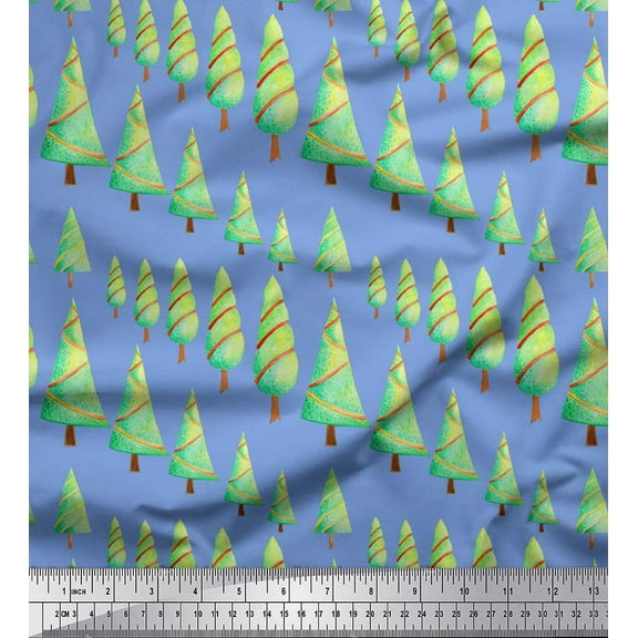 Soimoi Blue Cotton Voile Fabric Christmas Tree Print Fabric by the Yard 42 Inch Wide