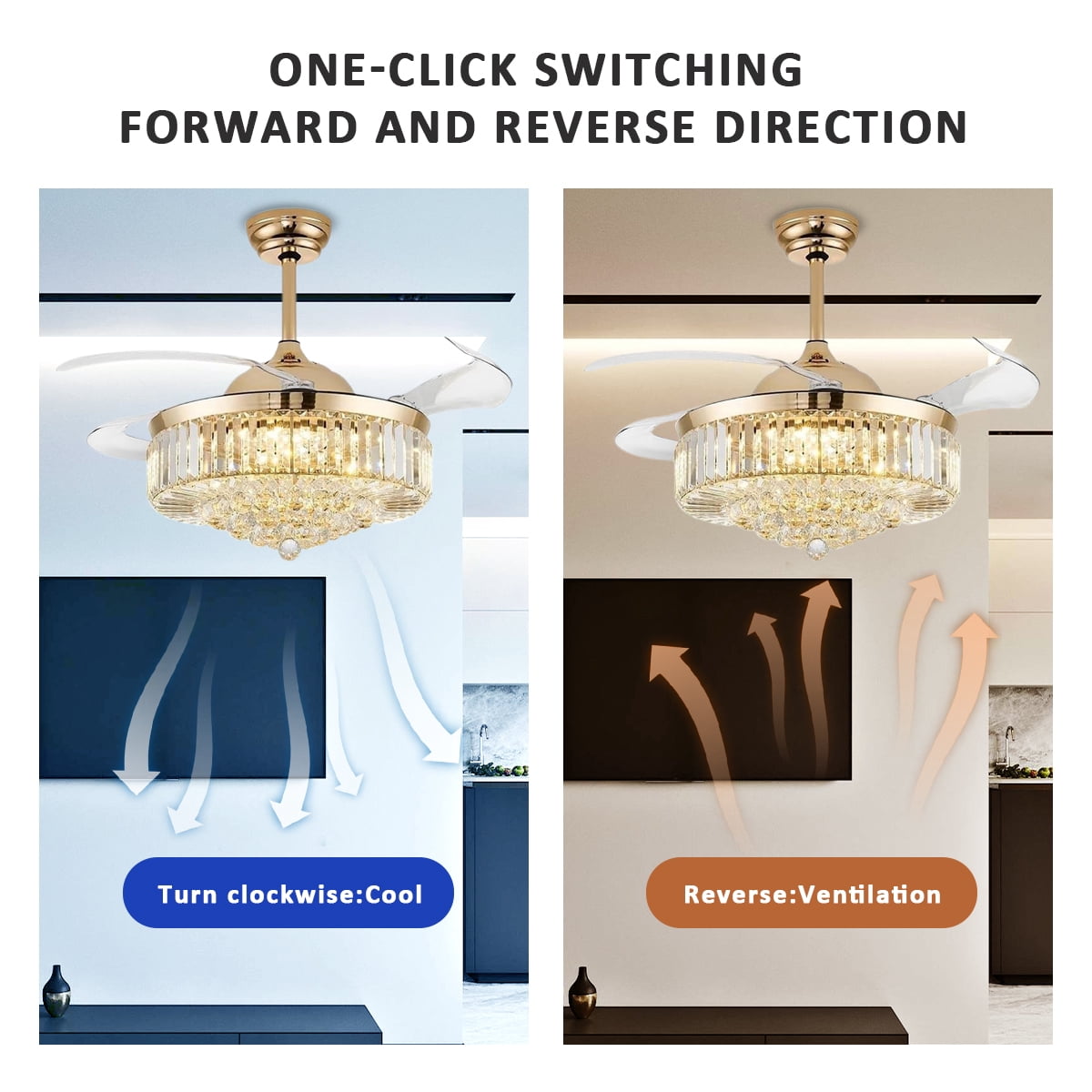 Jacgood 42" Retractable Crystal Ceiling Fan with Light and Remote Control, 6-Speed Quiet DC Motor, Dimmable LED Fandelier for Bedroom and Living Room, Gold Finish