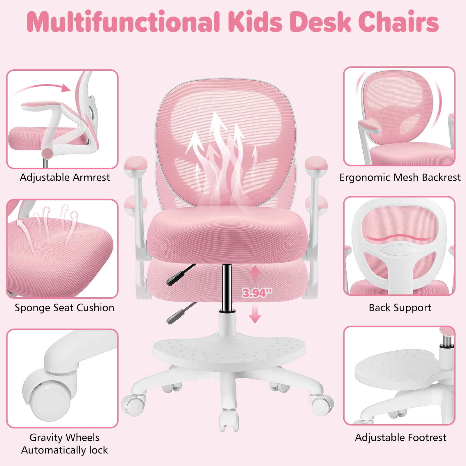 Hoffree Kids Desk Chair with Flipped Arms Wheels Ergonomic Study Chair with Footrest Adjustable Height Rolling Desk Chair for Teens Boys Girls in Study Room Pink