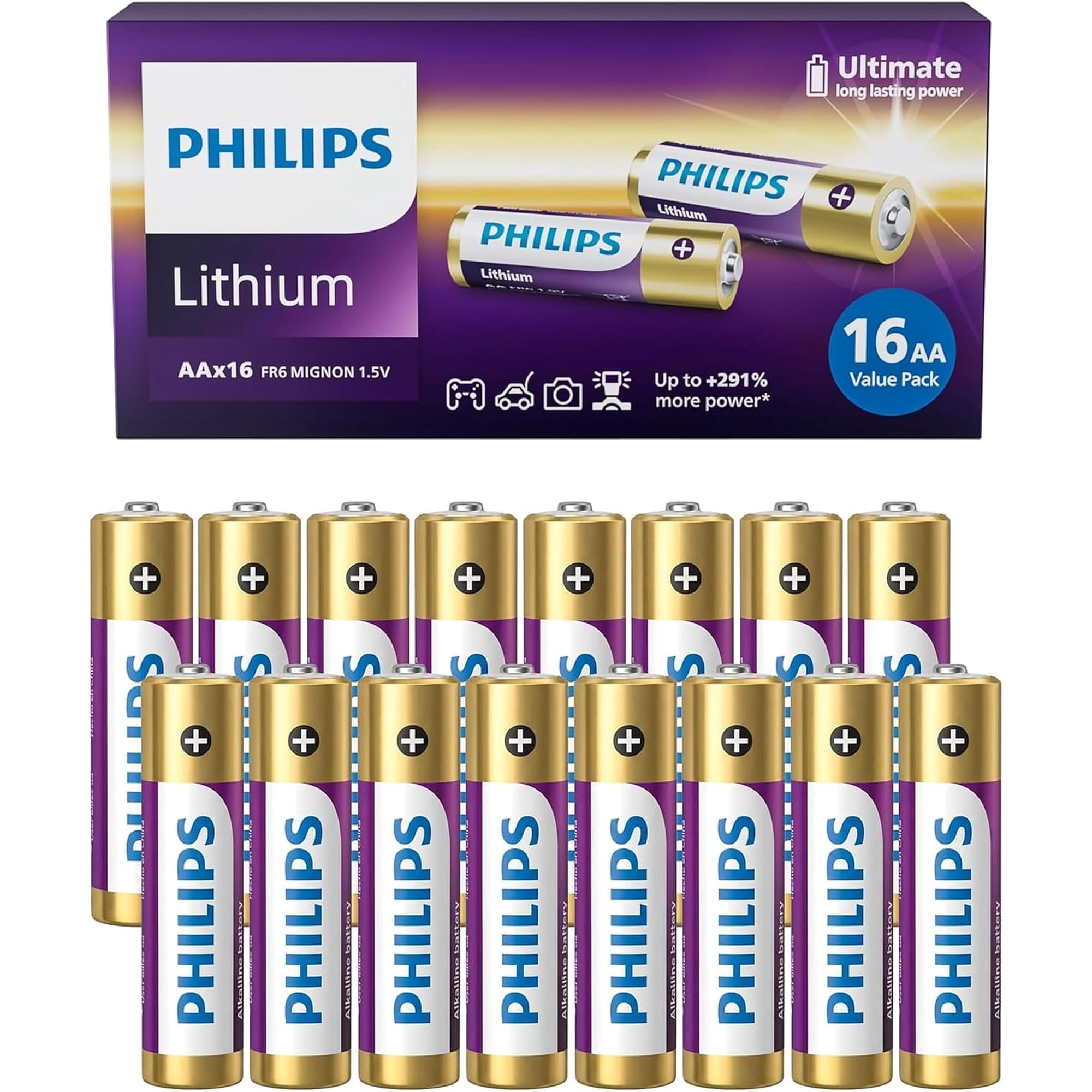 PHILIPS AA Lithium Batteries (16 Pack) 2900mAh 1.5V Lithium AA Batteries Ultimate Long Lasting, Double A battery for High Drain Devices, Leakproof, Lightweight, Non-Rechargeable