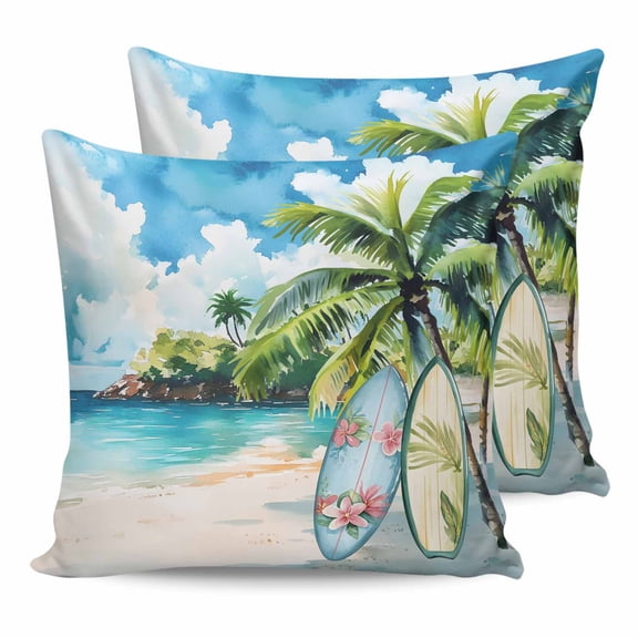 18x18 Pillow Covers Set of 2, Summer Beach Throw Pillow Covers Decorative Couch Cushion Case, Tropical Coastal Palm Tree Surfboard Microfiber Square Pillowcases for Bedroom Car Living Room