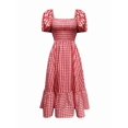 thumbnail image 6 of Womens Red Gingham Plaid Boho Midi Dress With Puff Sleeves Cinched Waist &, 6 of 6