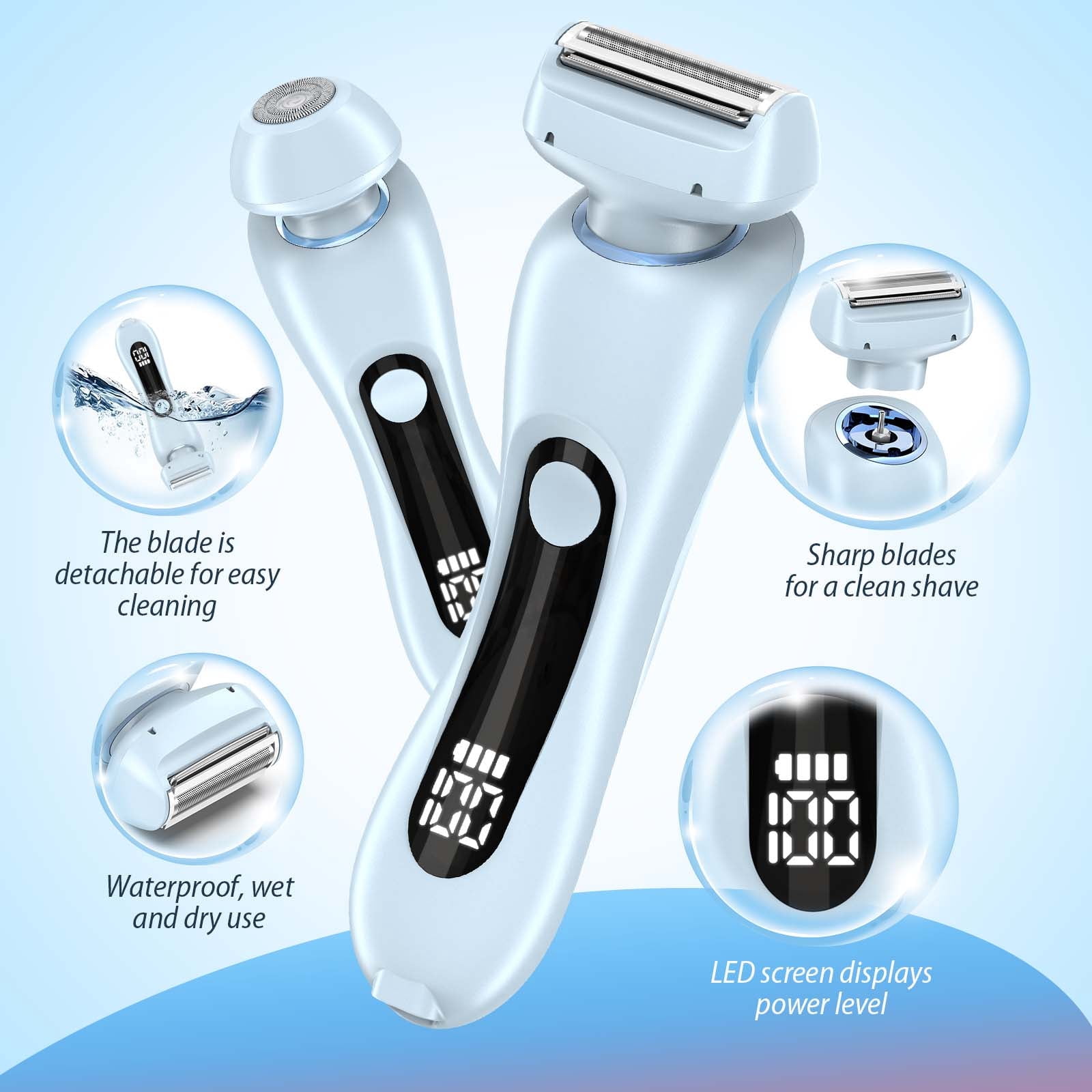 Electric Razor for Women, 2 in 1 Wet & Dry Painless Removal Shaver with Detachable Head, Base and LED Display, IPX7 Waterproof Long Battery Life Hair Removal for Underarm ArmBikini Legs Face (Blue)