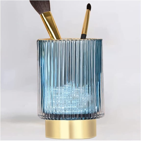 Makeup Brush holder Organizer,Crystal Cosmetic Makeup Brush Glass Brushes Storage Holder, Vintage Make Up Brush Cup Pen Pencil Holder striped vase(Blue Large)