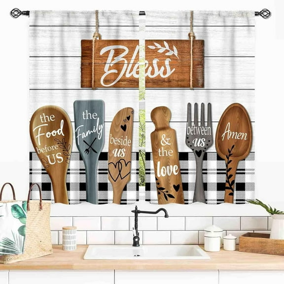 Farmhouse Kitchen Curtainsm, Rustic Fork and Spoon Woodern Plank Board Cook Theme Country Cottage Cafe Living Room Bedroom Window Curtains Drapes Treatments 2 Panels, 55x39 Inch