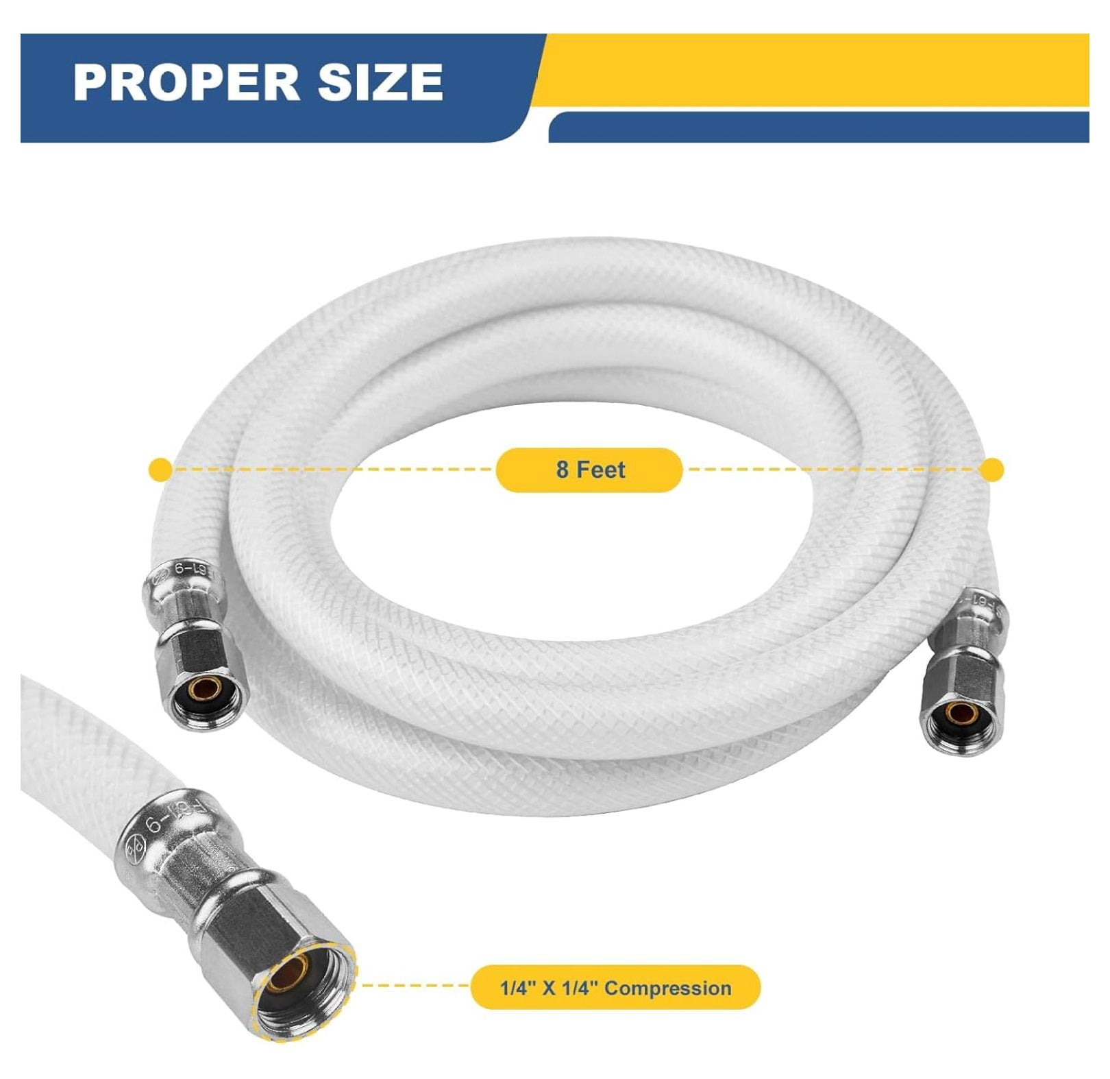 8 FT Refrigerator Water Line, Polyester-Reinforced PVC Braided Ice Maker Hose with 1/4" Comp X 1/4"Compression Fittings(2PCS,8 Foot)(HOSE062-2Pack)