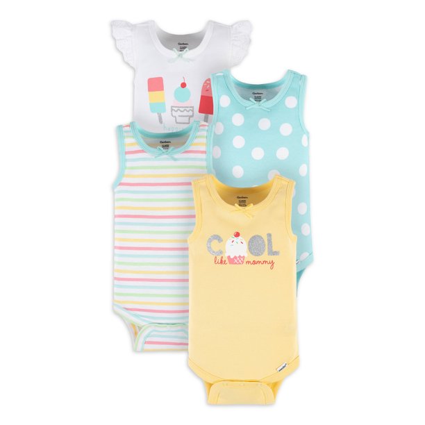 Gerber Baby Girl Tank Onesies Bodysuits, 4Piece, (Newborn 24 Months