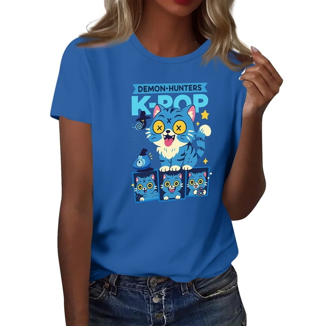 Pop cazadora para niña Demon Hunters Round-Neck Printed Anime Trio Poster T Shirt (Blue)