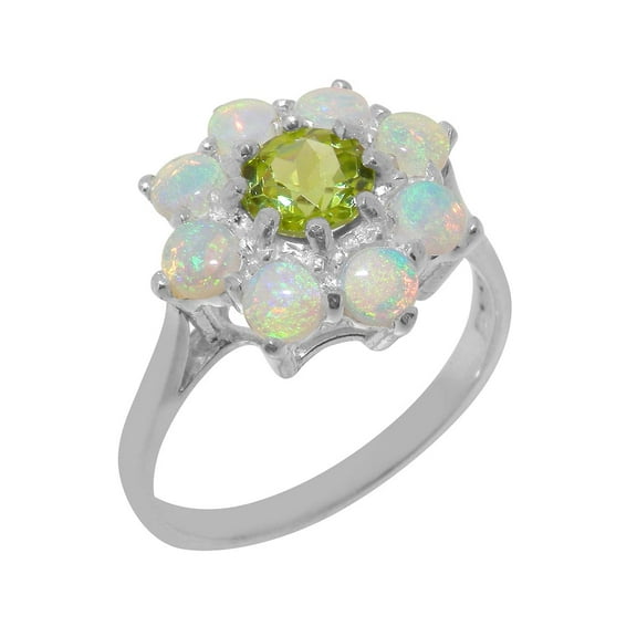 LBG British Made 10k White Gold Natural Peridot & Opal Womens Statement Ring - 33 size options - Size 10