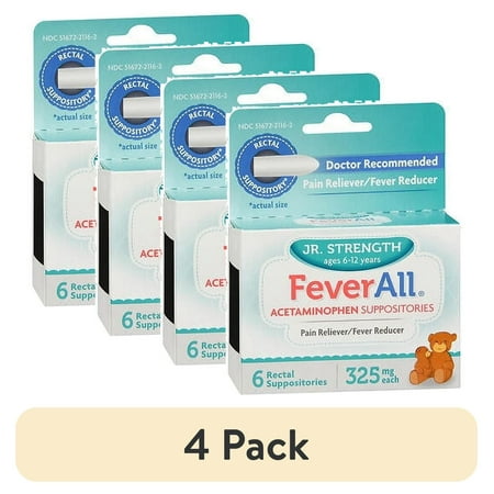 (4 pack) Feverall Children Acetaminophen Suppositories 6 Rectal Suppositories 325mg Each Pain Reliever/Fever Reducer. Paraben Free, No Artificial Colors or Other preservatives. Ages 6-12 Years