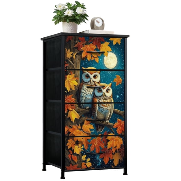 Dresser for Bedroom with 4 Storage Drawers Owls Tree Branch Autumn Leaves Full Moon Night Dressers Chest of Drawers Steel Framed Fabric Closet Organizers for Nursery Entryway