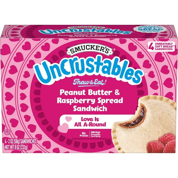 Smucker’s Uncrustables Peanut Butter & Raspberry Spread Sandwiches, 4 Count, 2 oz Each, Frozen