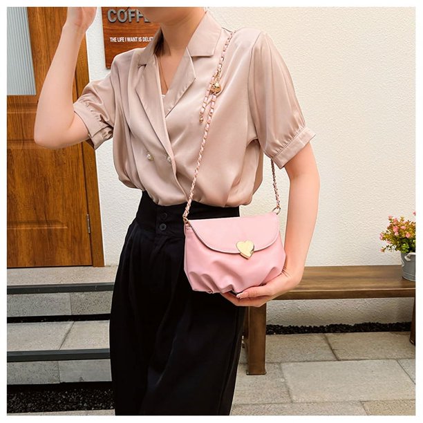 Bolso de hombro para mujer Bolso bandolera de cuero PU Bolso bandolera elegante con cadena (Rosa)