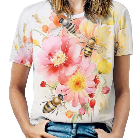Bee And Flowers T Shirts Basic T-Shirt Short Sleeve Ladies Tee Shirt Summer Graphic Clothing