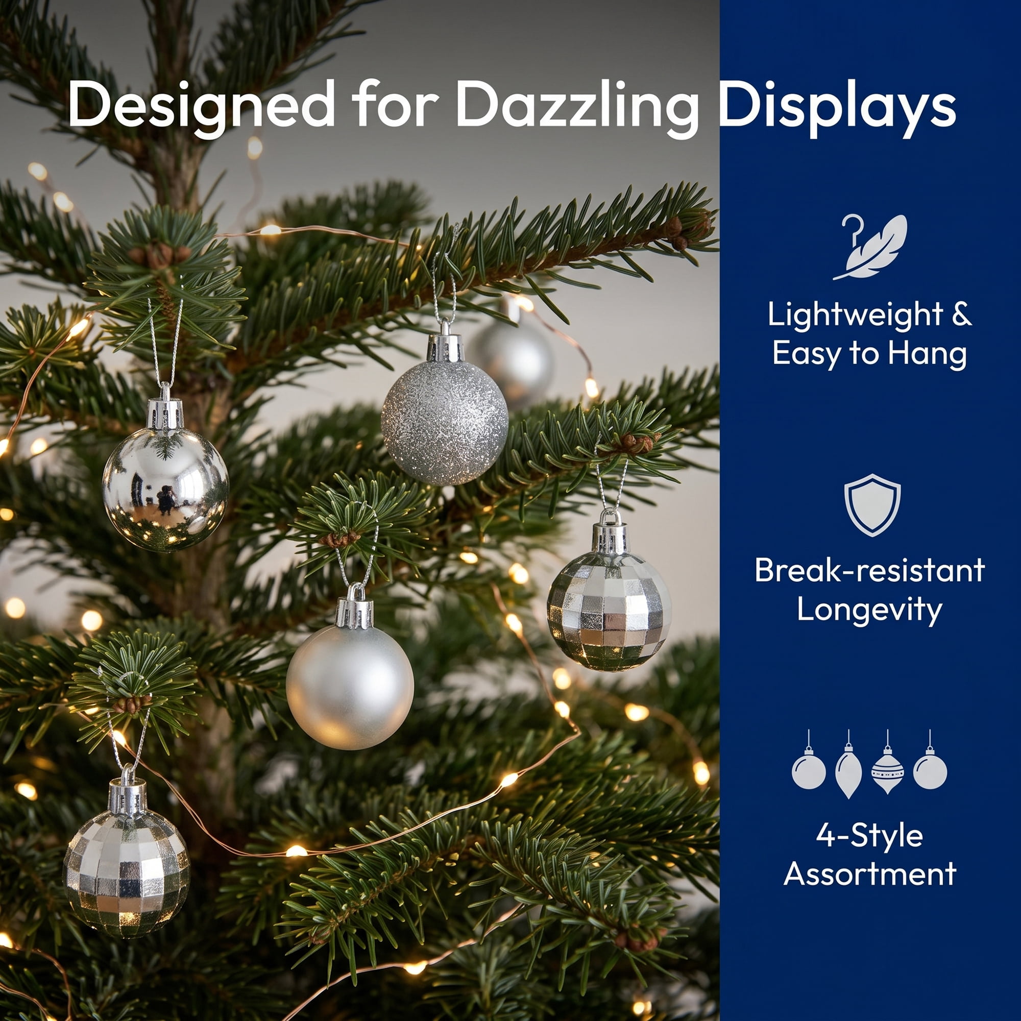 Unique Bargains 24Pcs Christmas Tree Hanging Baubles Shatterproof Ornaments Silver 1.6"