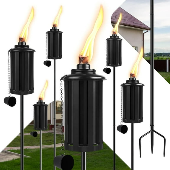 Citronella Torches Set of 6, 16 oz Garden Torches for Outside, 3-Prong Grounded Stake Outdoor Lanterns, 58 inch Outdoor Decorative Black Lanterns