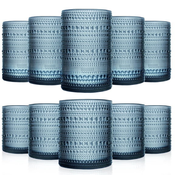 Vintage Glassware Drinking Glasses Set Of 12, Blue 14Oz & 11Oz Hobnail Glass Cups Classic Bubble Texture Old Fashioned Glassware For Beer, Cocktails, Whiskey & Juice Drinks, Dishwasher Safe