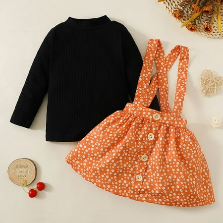 

nsendm Toddler Girls Long Sleeve Ribbed T Shirt Tops Floral Prints Suspenders Skirt Outfits New Baby Checklist Childrenscostume Orange 3-4 Years